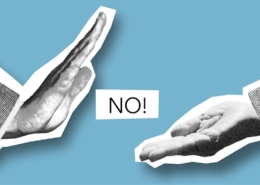 Artistic image showing hands with a 'NO!' message symbolizing disagreement.