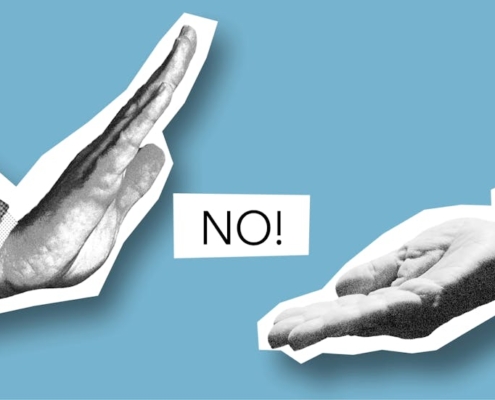 Artistic image showing hands with a 'NO!' message symbolizing disagreement.